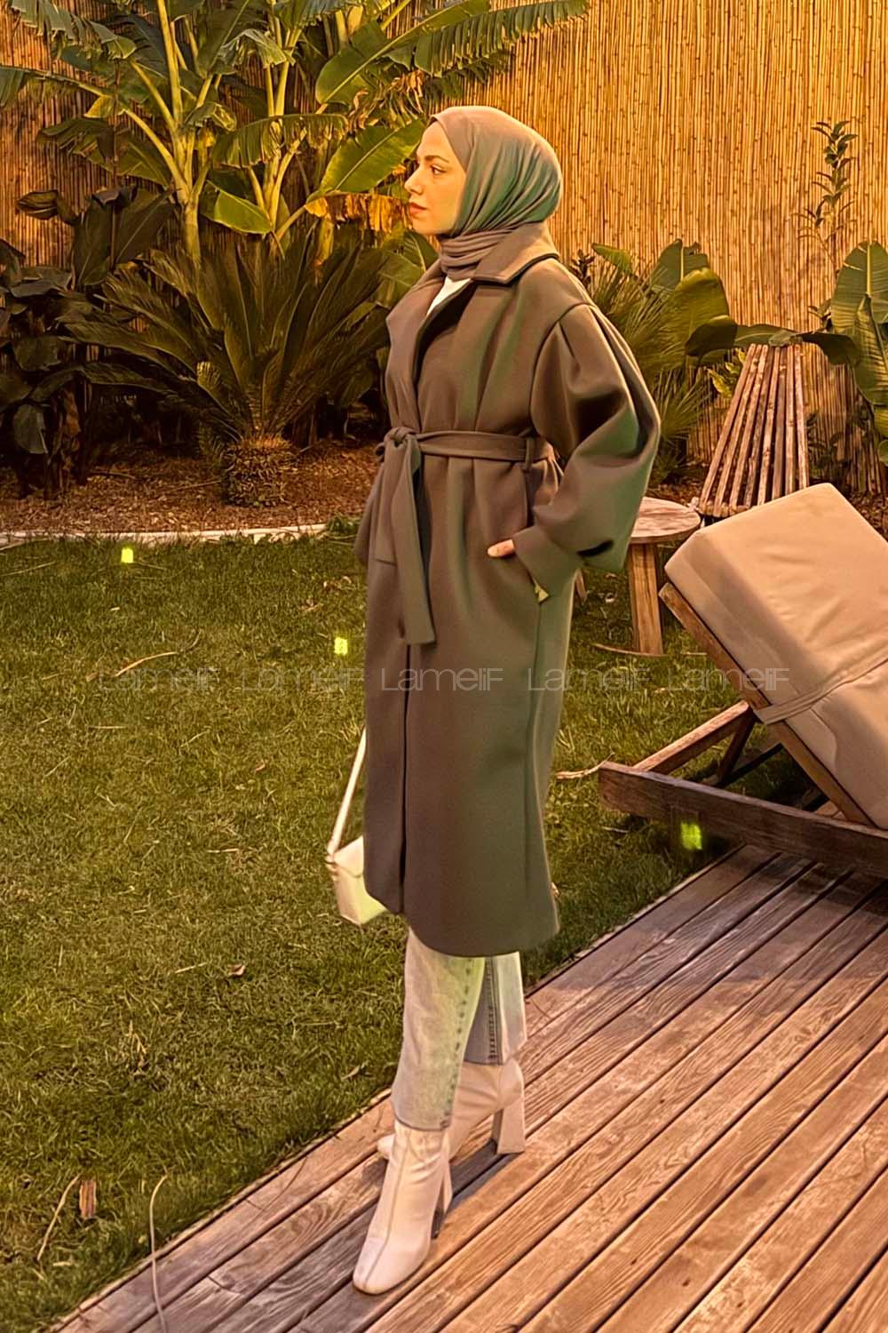 Anthracite V Neck Balloon Sleeve Arm Stamp Fabric Coat