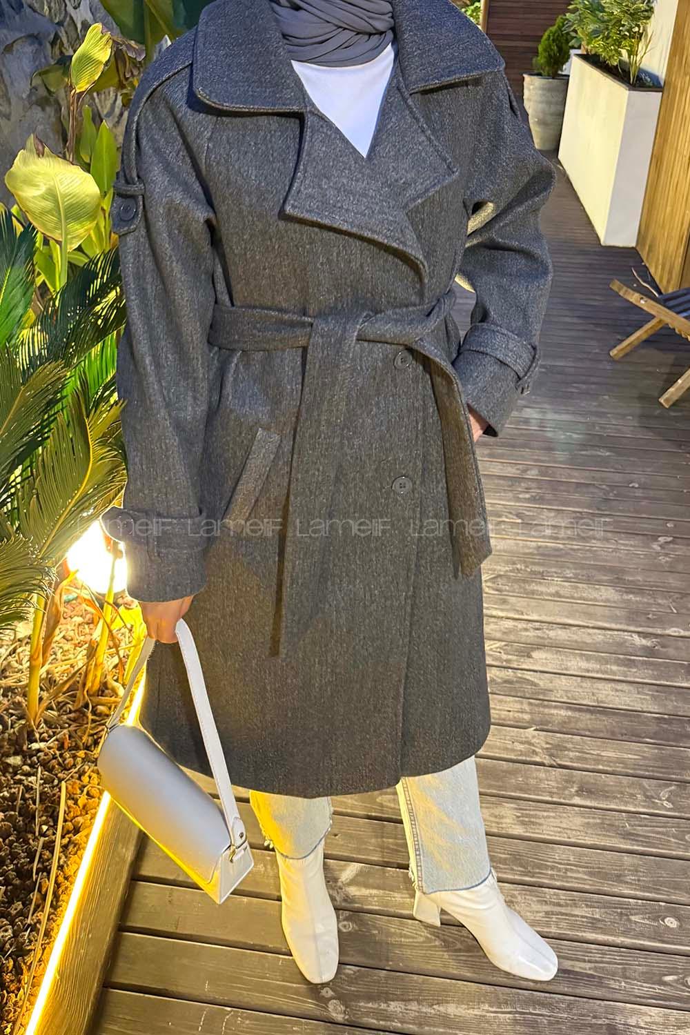 Anthracite V Neck Balloon Sleeve Arm Stamp Fabric Coat