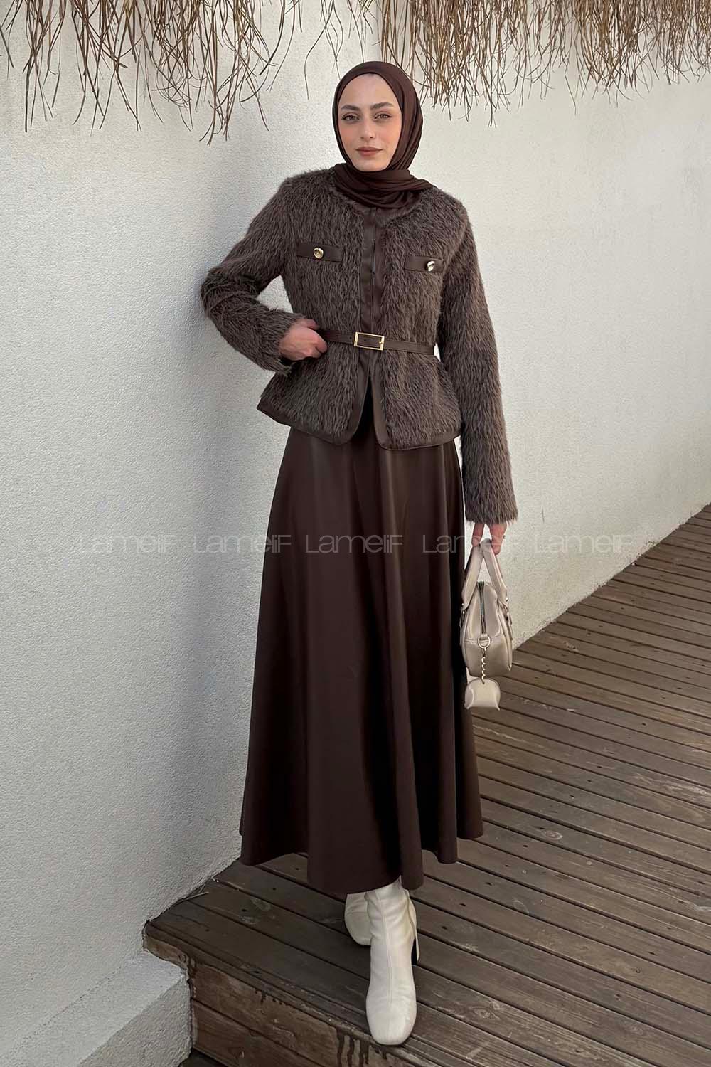 Lamelif Deri Etekli Tesettür Takım Acı Kahve