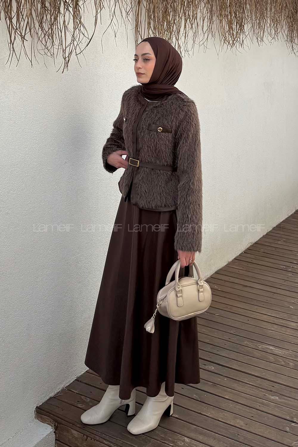 Lamelif Deri Etekli Tesettür Takım Acı Kahve