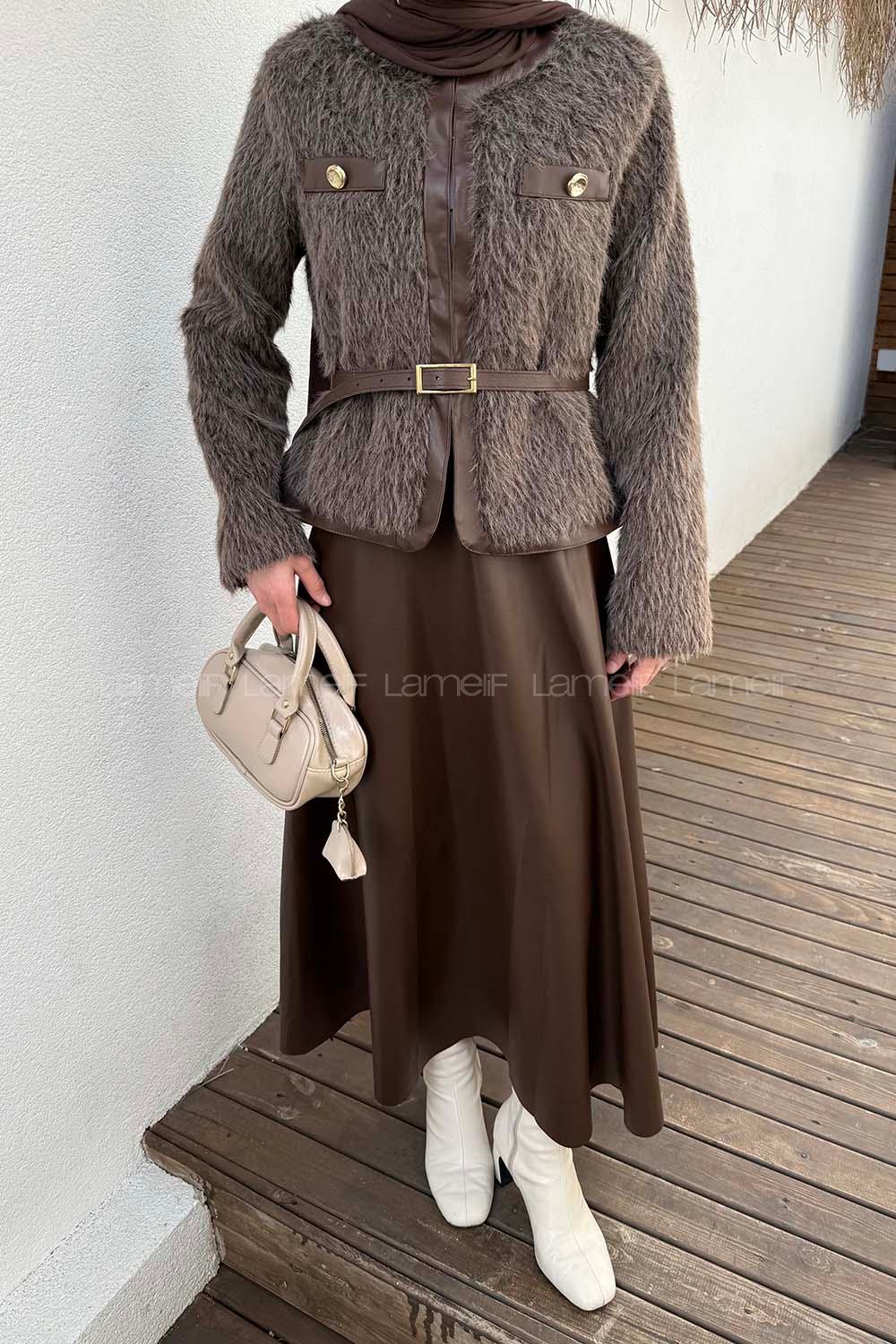 Lamelif Deri Etekli Tesettür Takım Acı Kahve