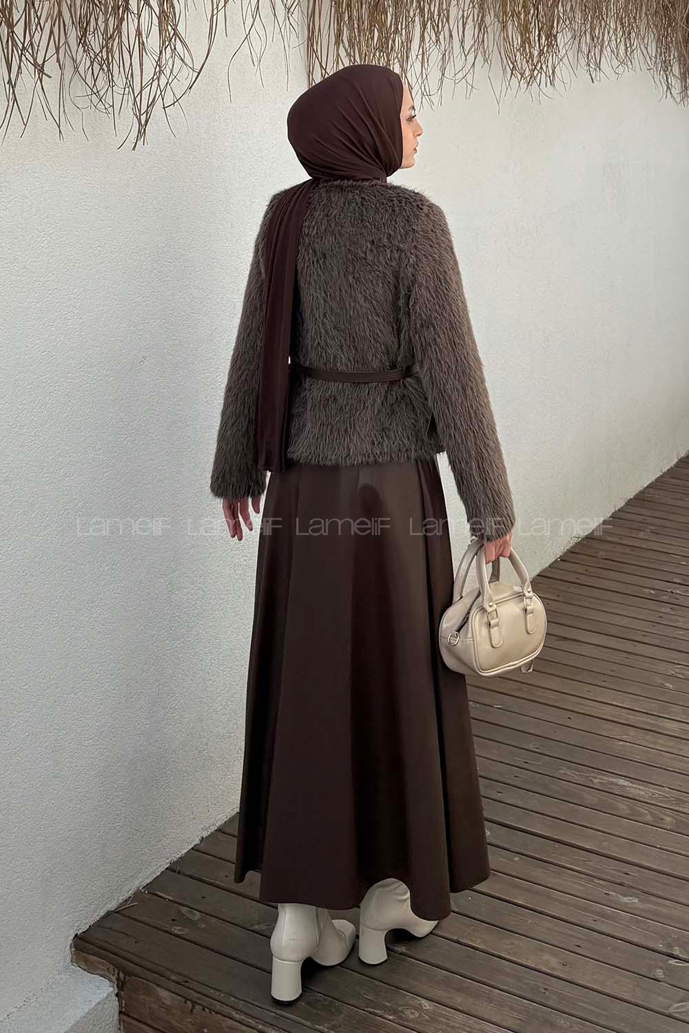 Lamelif Deri Etekli Tesettür Takım Acı Kahve