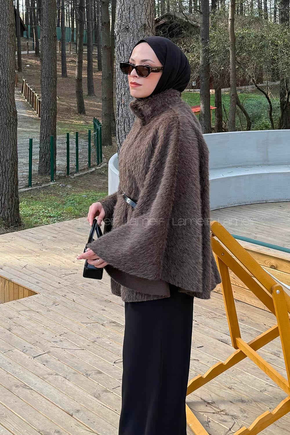 Lamelif Düğmeli Kemerli Panço Acı Kahve