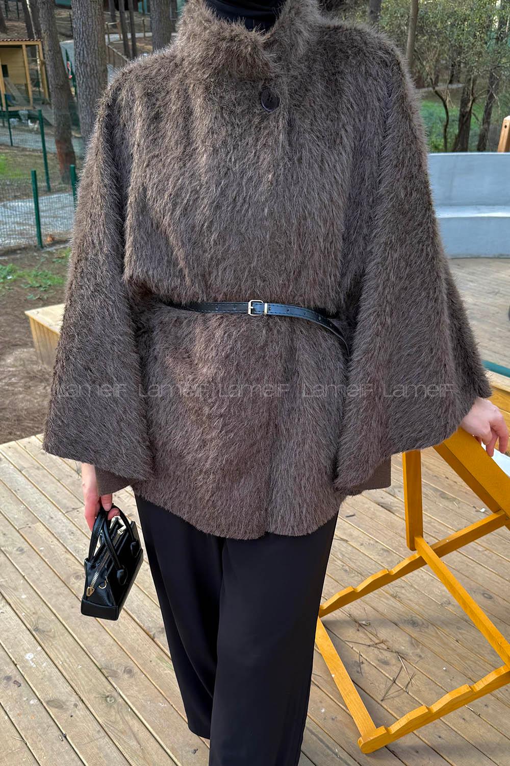 Lamelif Düğmeli Kemerli Panço Acı Kahve