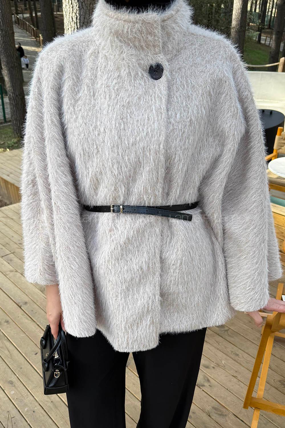 Lamelif Düğmeli Kemerli Panço Krem