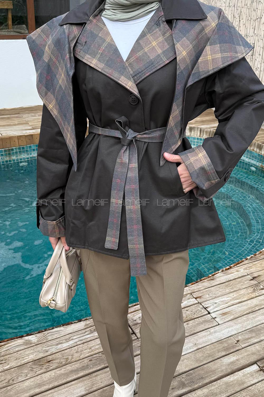 Dark Brown Jacket Collar Long Arm Coat