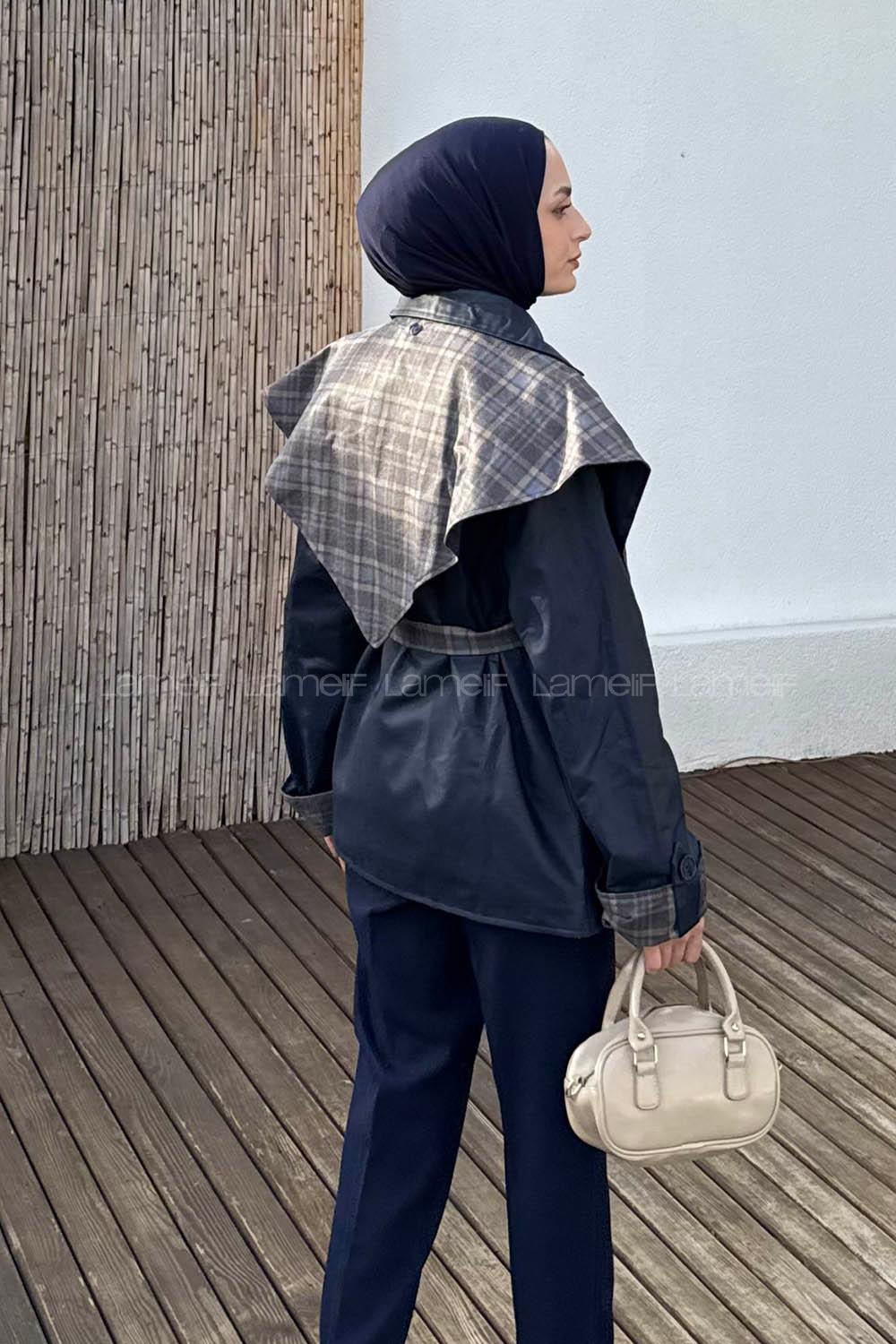 Lamelif Ekose Yaka Bağlama Detaylı Mont Lacivert