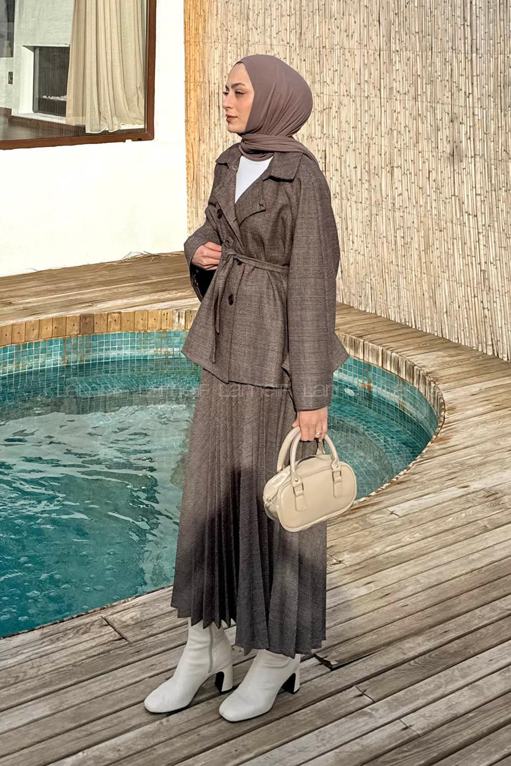 Lamelif Eksoe Desen Etekli İkili Takım Kahverengi