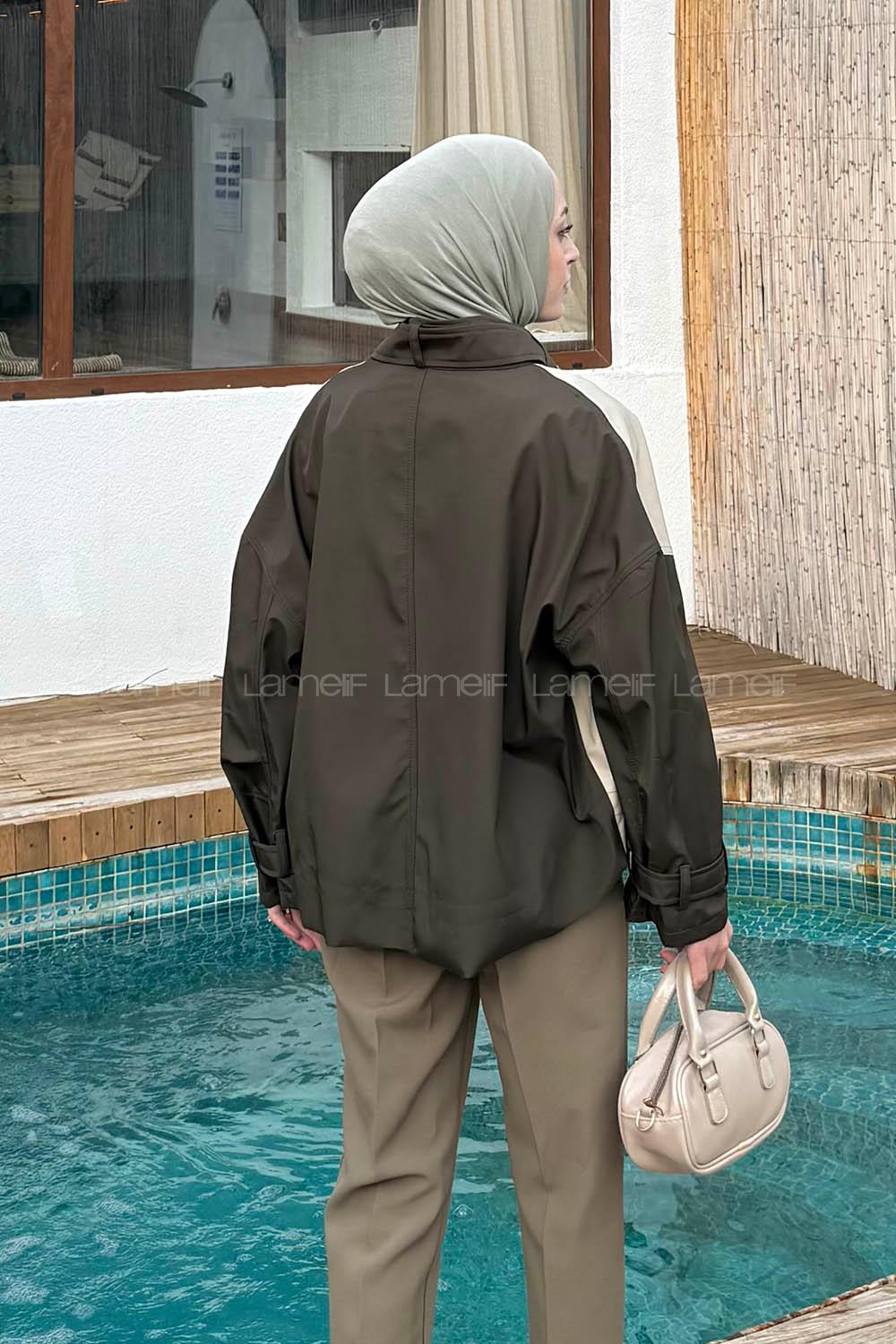 Lamelif Garnili Deri Ceket Haki