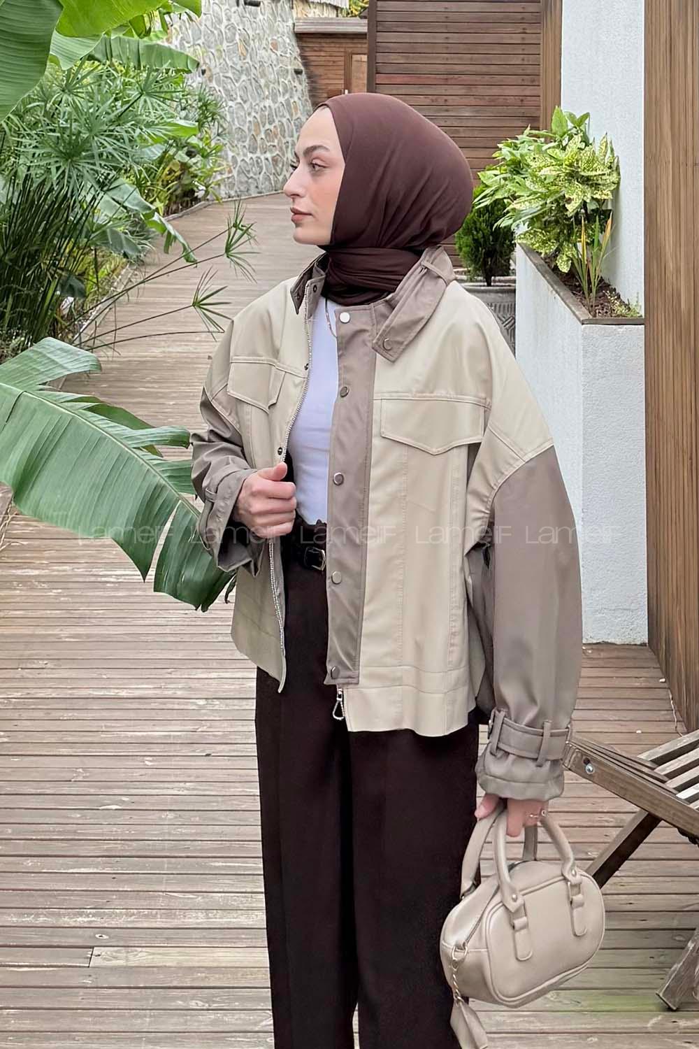 Lamelif Garnili Deri Ceket Krem