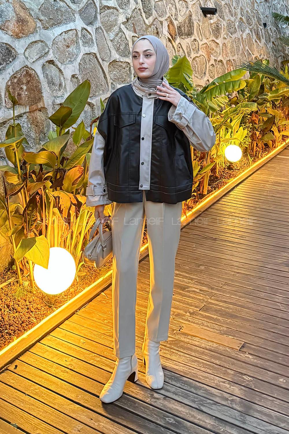 Lamelif Garnili Deri Ceket Siyah