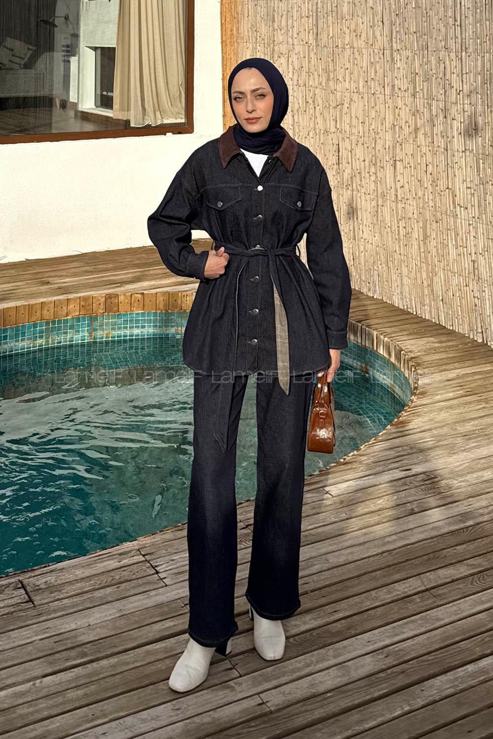 Lamelif Garnili İkili Kot Takım Koyu Mavi