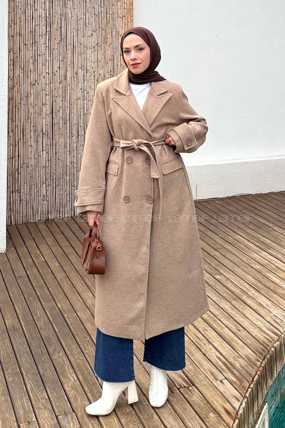 Lamelif Geniş Manşet Kaşe Kaban Soft Kahve
