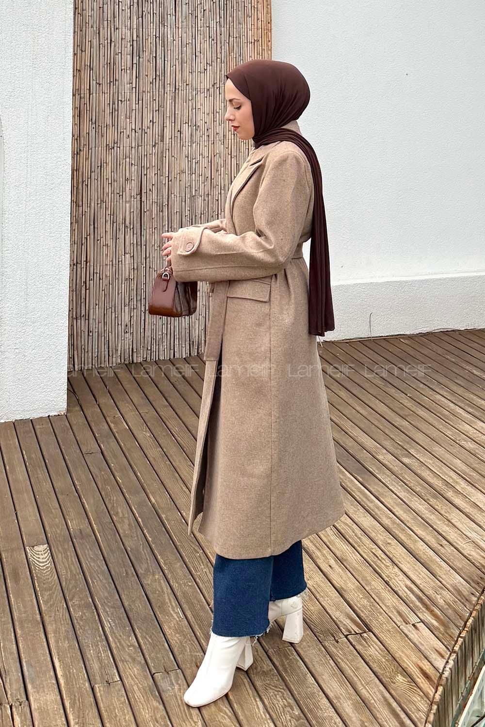 Lamelif Geniş Manşet Kaşe Kaban Soft Kahve