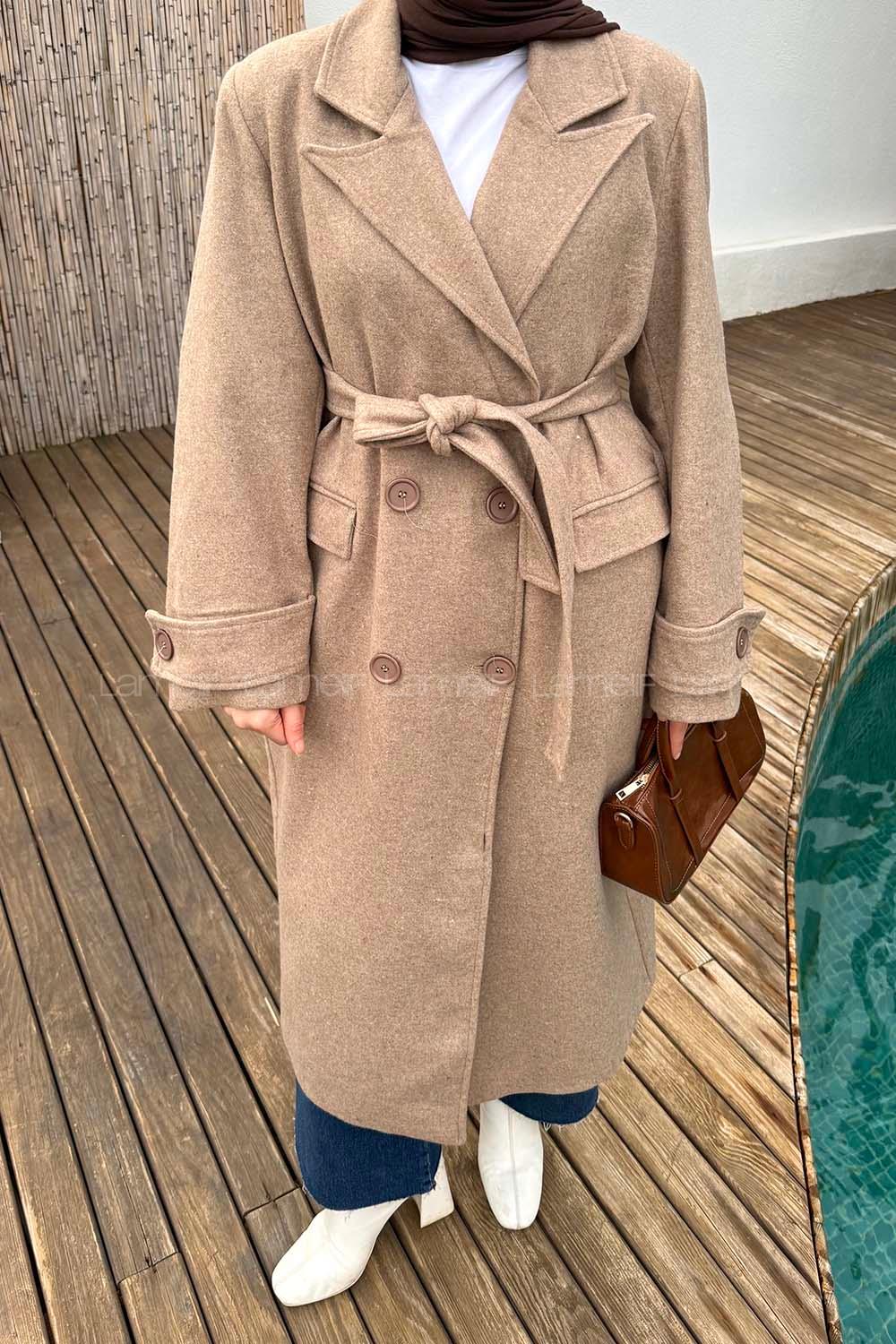 Lamelif Geniş Manşet Kaşe Kaban Soft Kahve