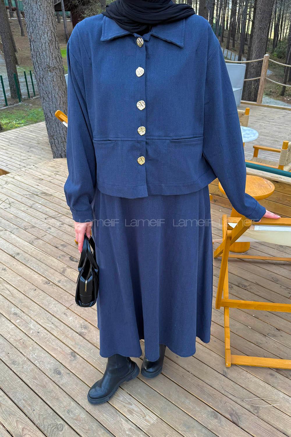 Lamelif Gold Düğme Detaylı Etekli İkili Takım Antrasit