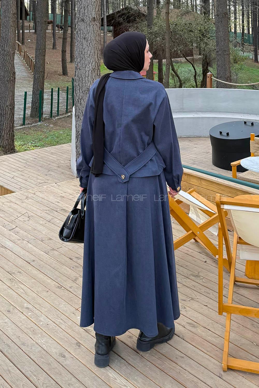 Lamelif Gold Düğme Detaylı Etekli İkili Takım Antrasit