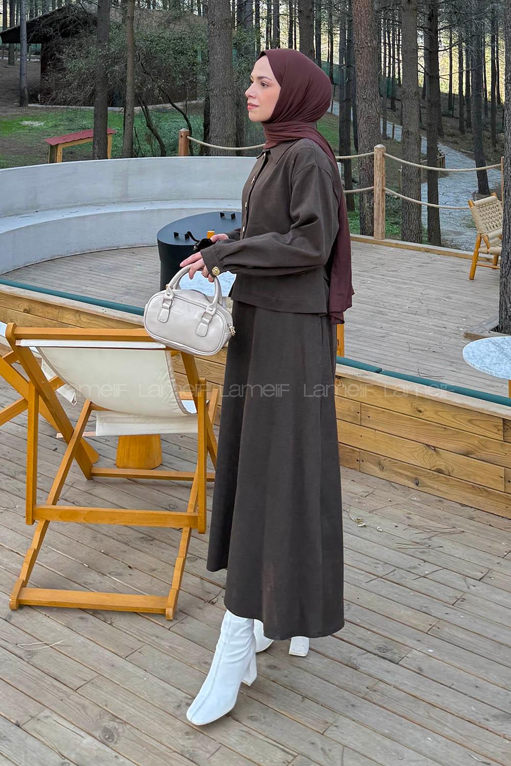 Lamelif Gold Düğme Detaylı Etekli İkili Takım Kahverengi