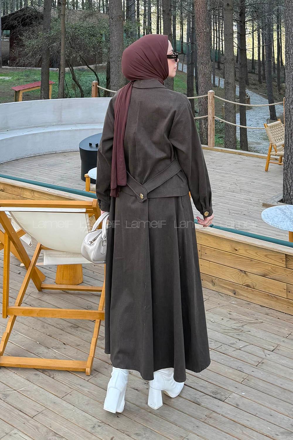 Lamelif Gold Düğme Detaylı Etekli İkili Takım Kahverengi