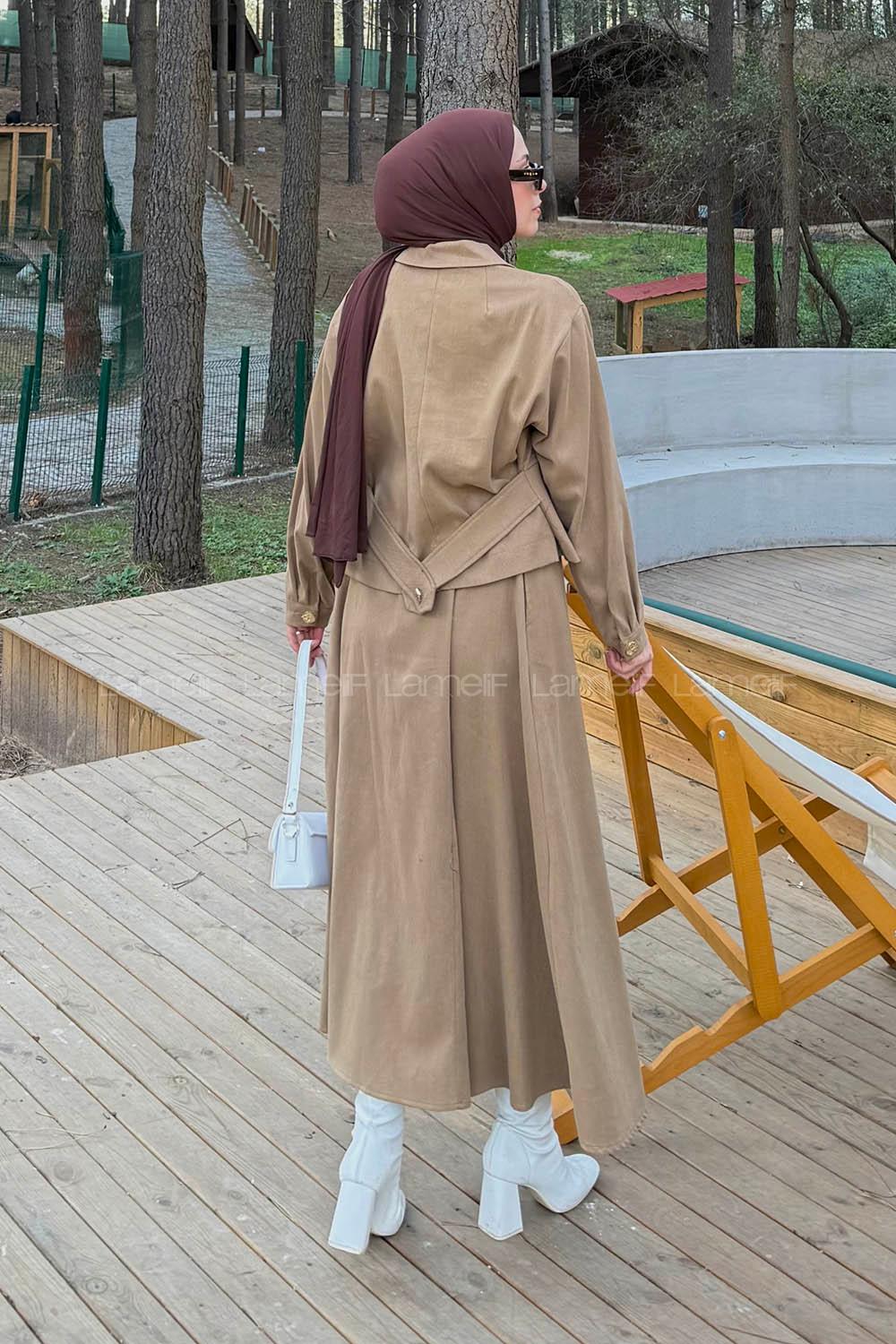Lamelif Gold Düğme Detaylı Etekli İkili Takım Koyu Bej
