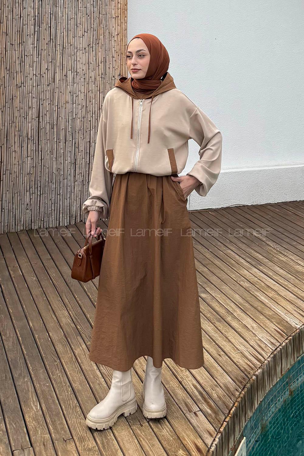 Brown Hood Neck Long Arm Cotton Suit
