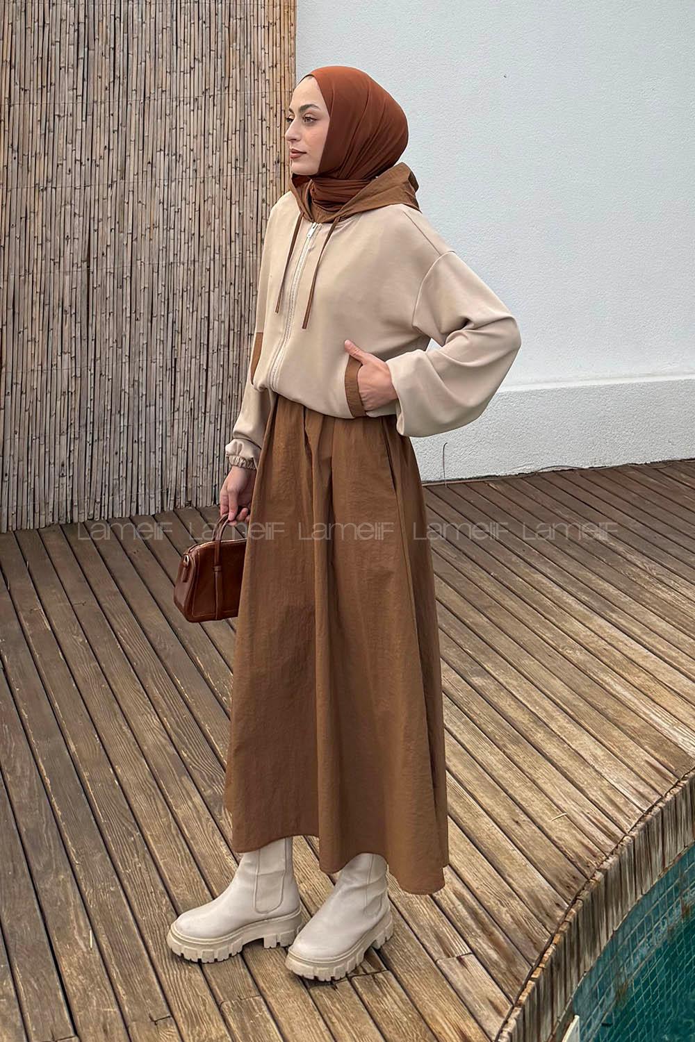 Brown Hood Neck Long Arm Cotton Suit