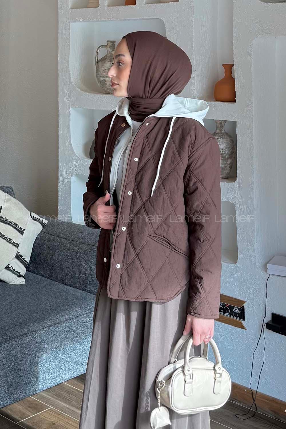 Lamelif Kapüşonlu Kapitone Mont Kahverengi