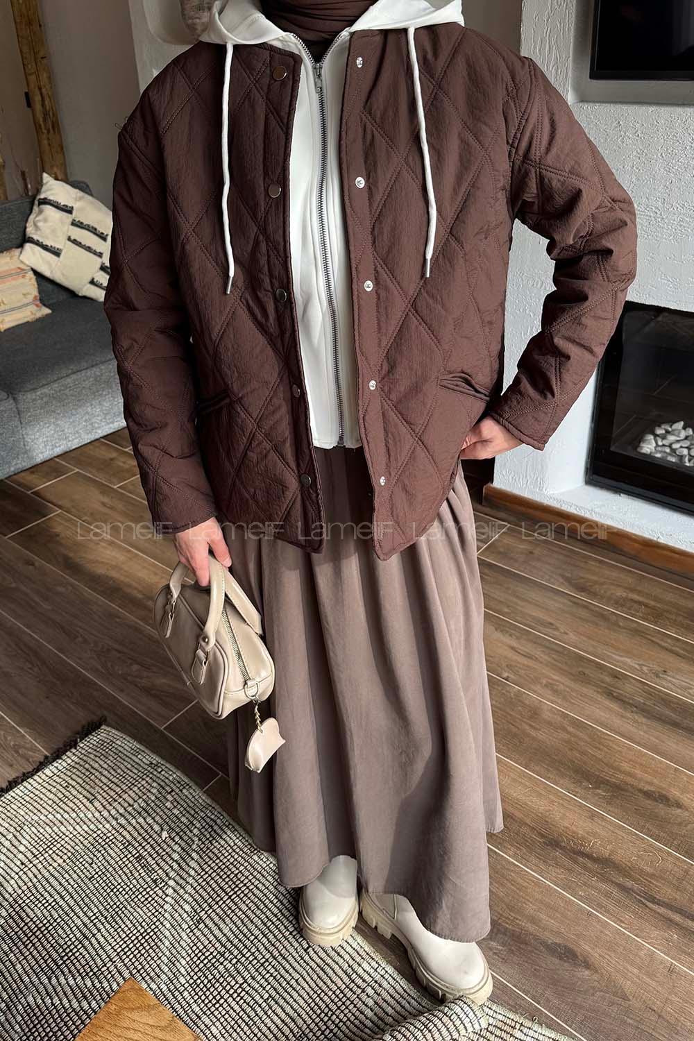 Lamelif Kapüşonlu Kapitone Mont Kahverengi