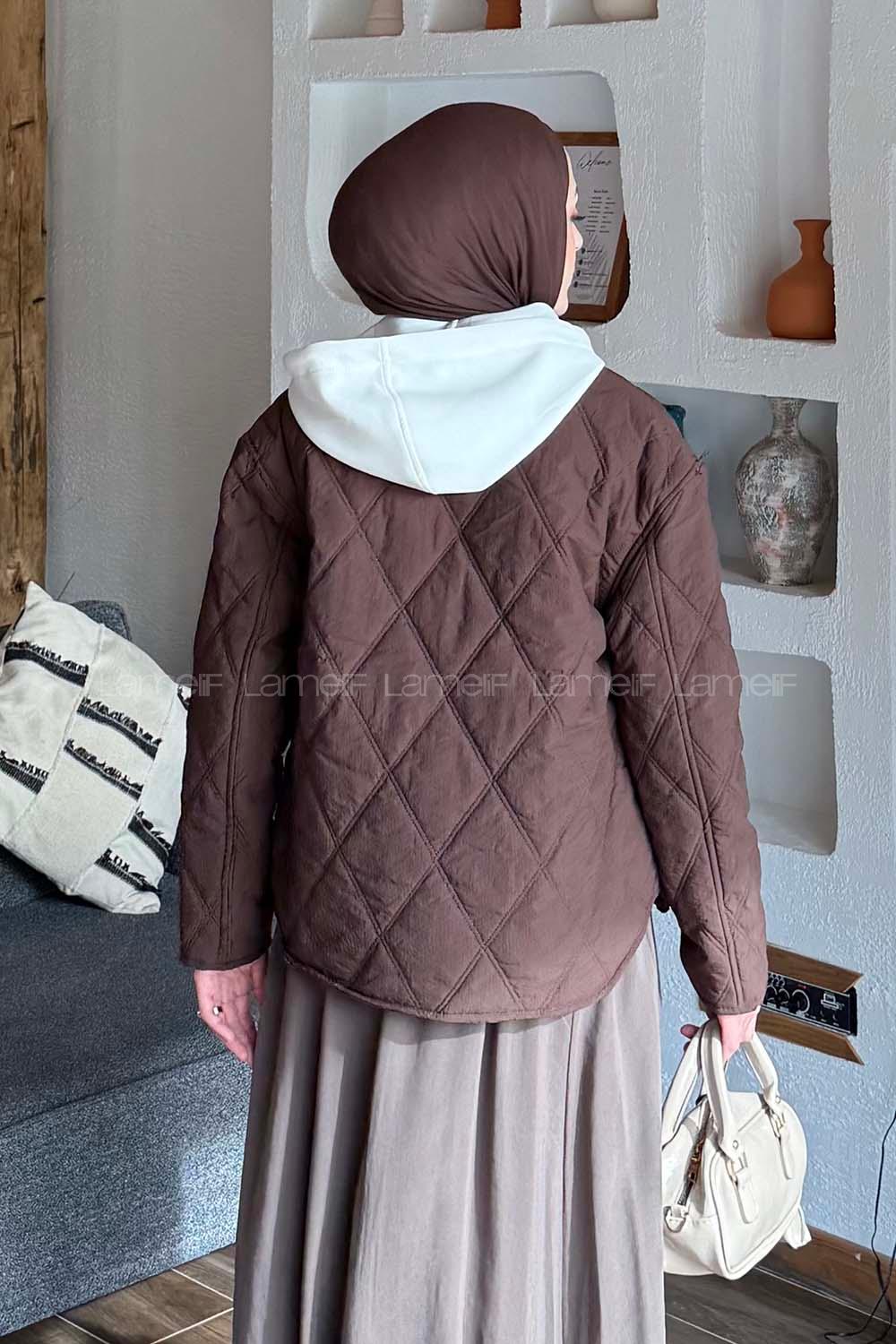 Lamelif Kapüşonlu Kapitone Mont Kahverengi