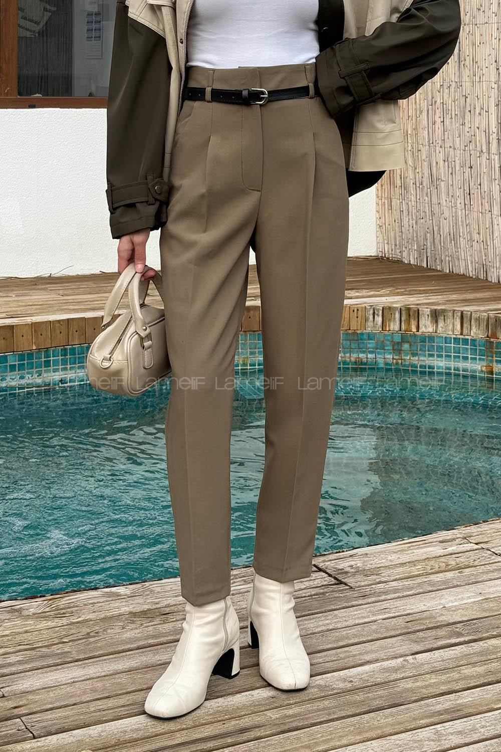 Khaki Lycra Polyester Normal Waist Carrot Pant Pants