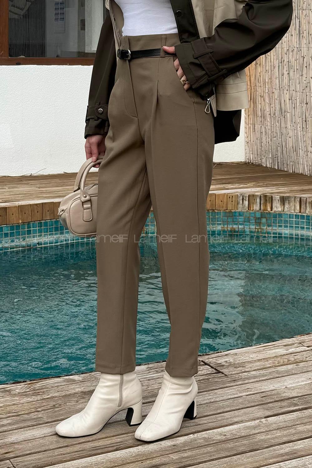 Khaki Lycra Polyester Normal Waist Carrot Pant Pants