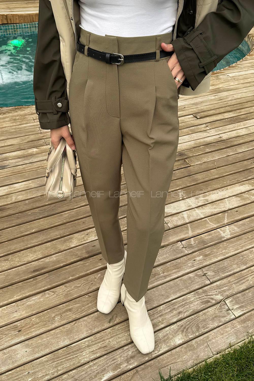 Khaki Lycra Polyester Normal Waist Carrot Pant Pants