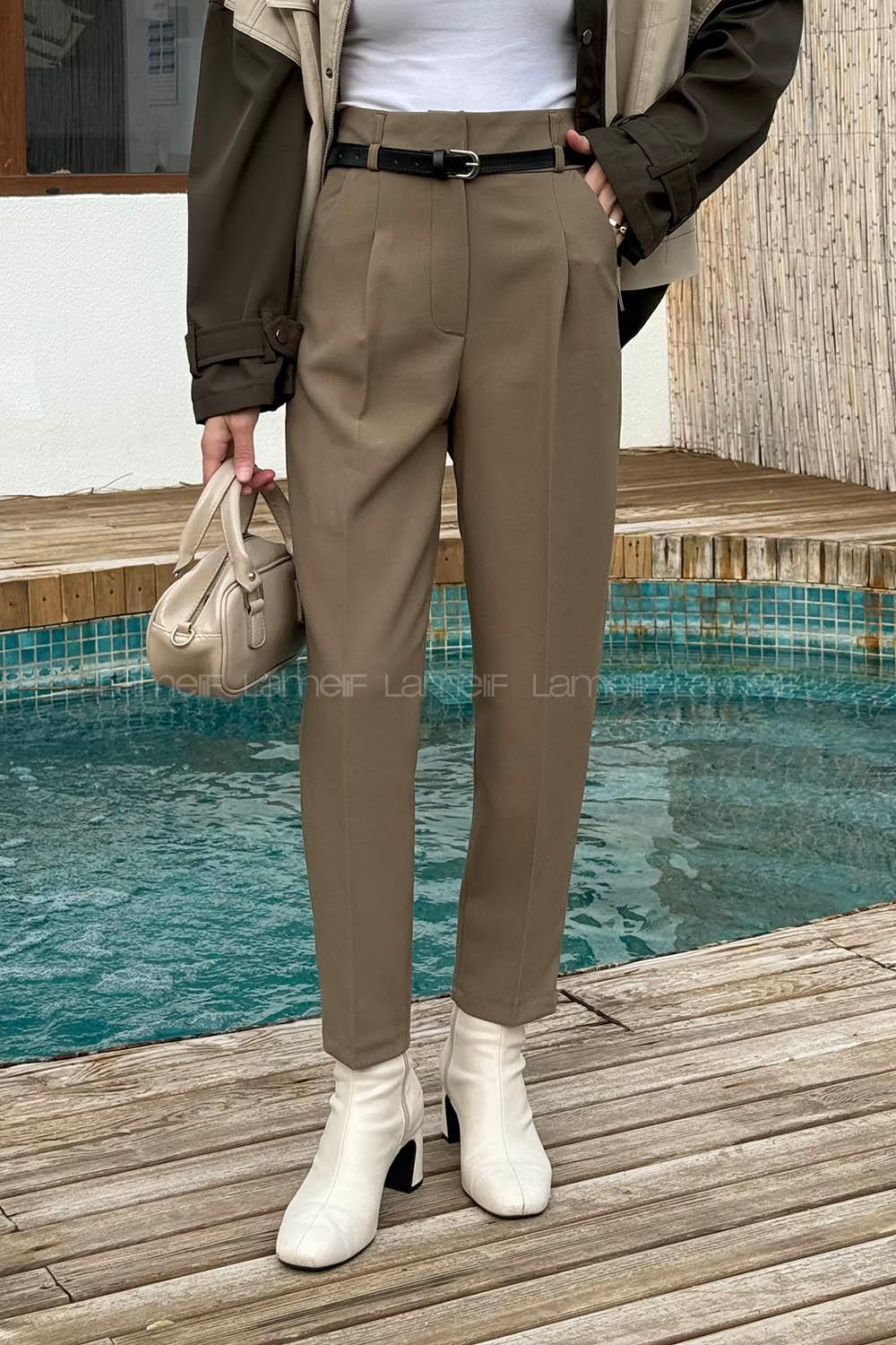 Khaki Lycra Polyester Normal Waist Carrot Pant Pants