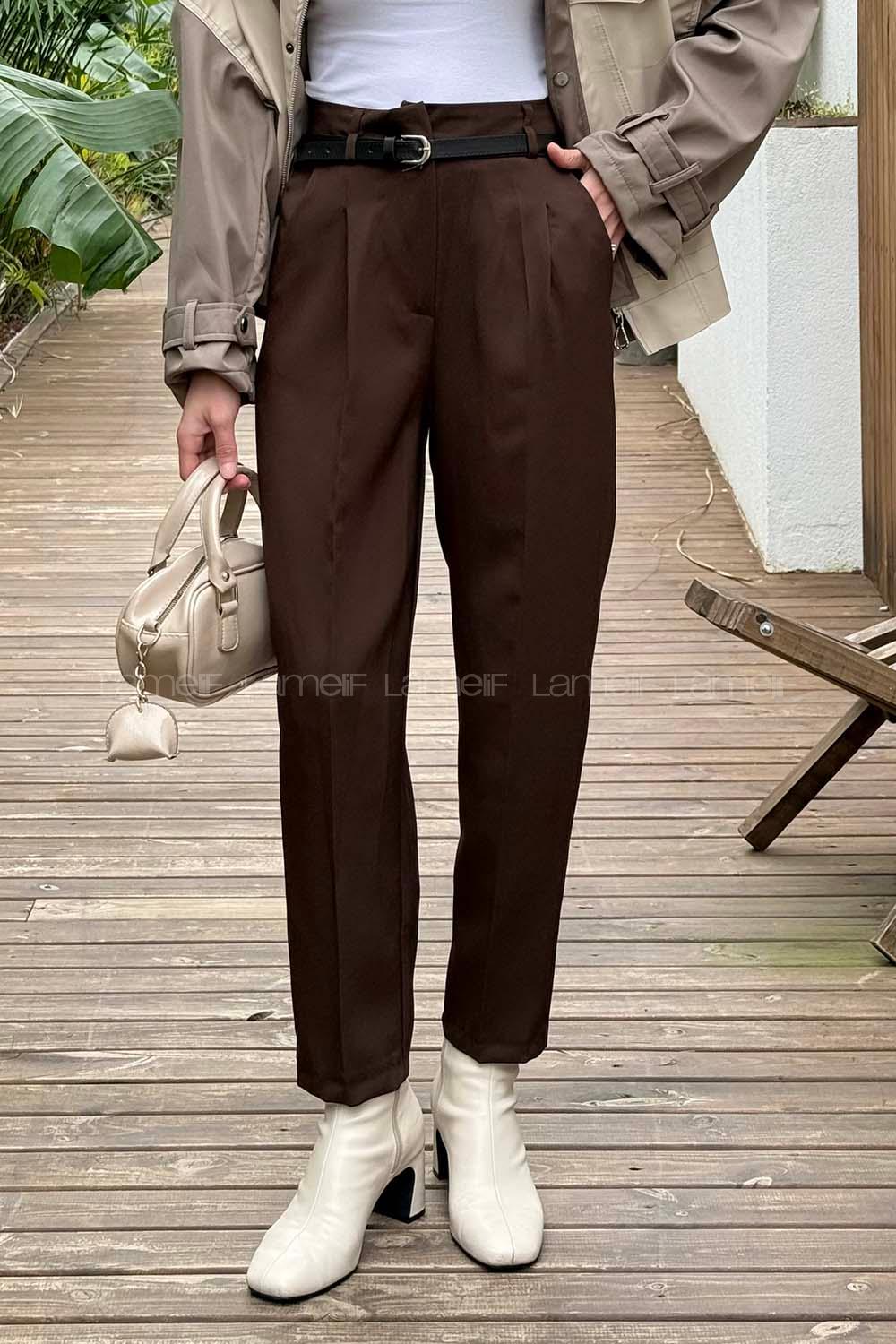 Brown Lycra Polyester Normal Waist Carrot Pant Pants