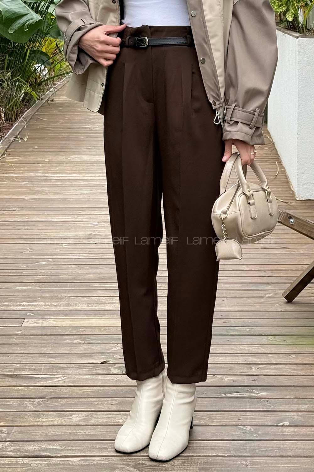 Brown Lycra Polyester Normal Waist Carrot Pant Pants