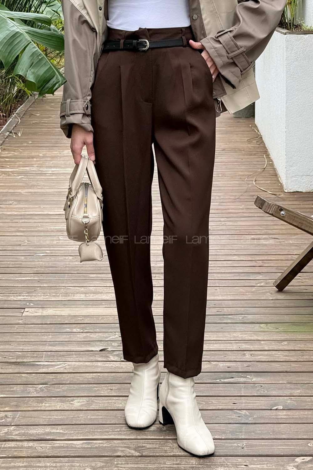 Brown Lycra Polyester Normal Waist Carrot Pant Pants