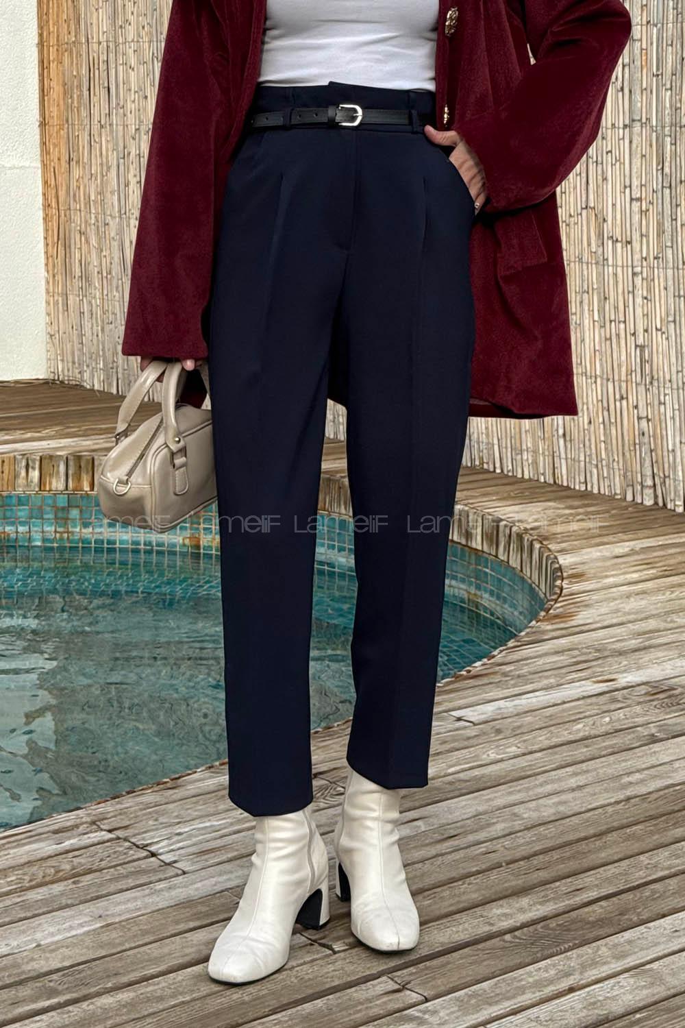 Navy Blue Lycra Polyester Normal Waist Carrot Pant Pants