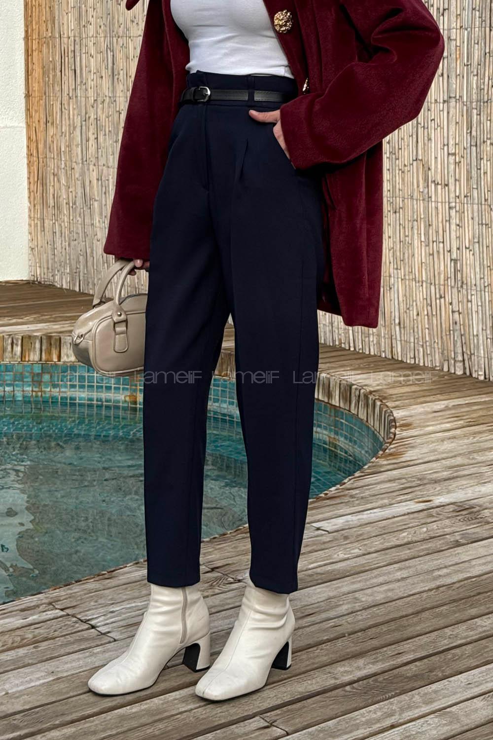 Navy Blue Lycra Polyester Normal Waist Carrot Pant Pants