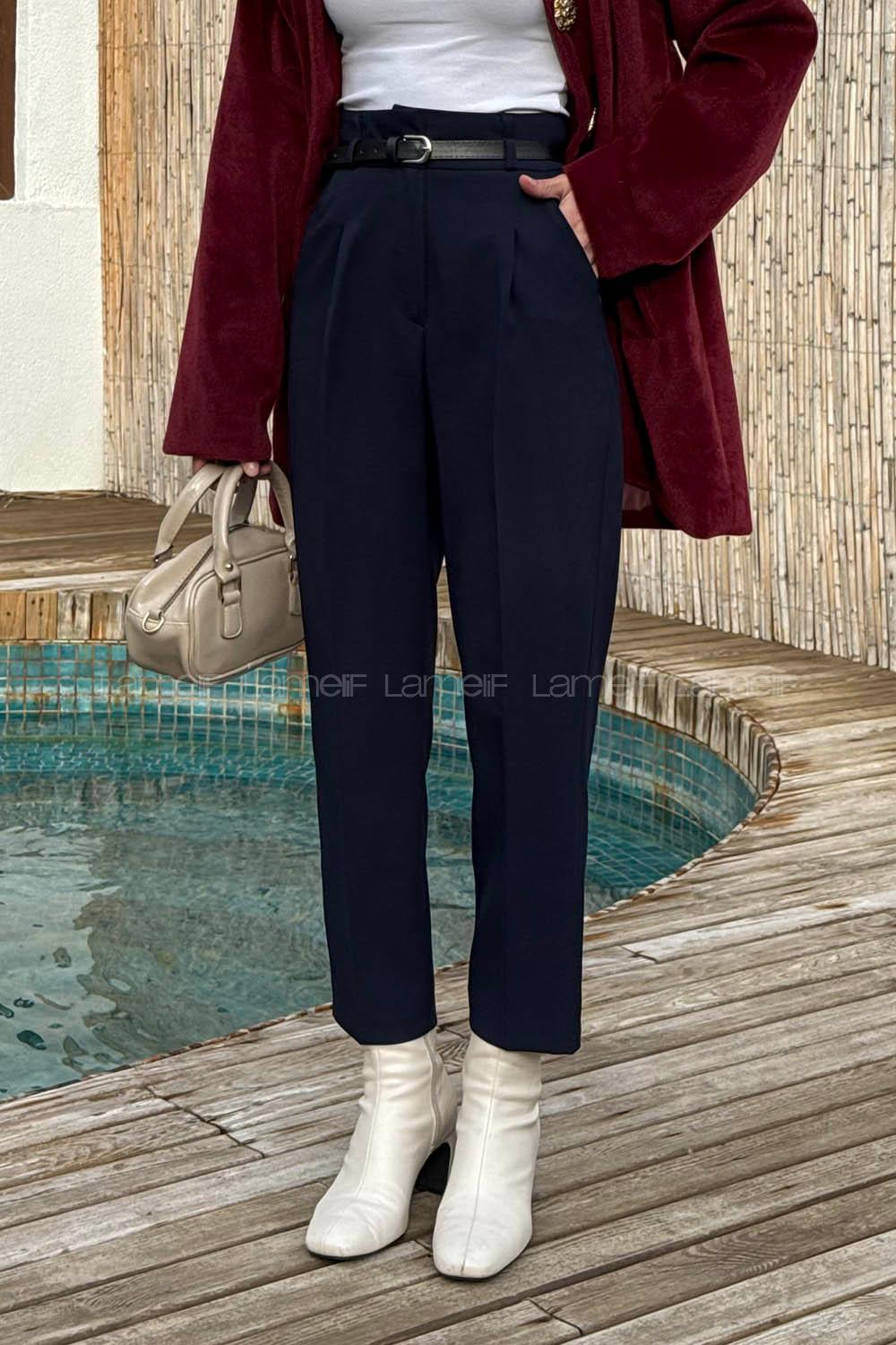 Navy Blue Lycra Polyester Normal Waist Carrot Pant Pants