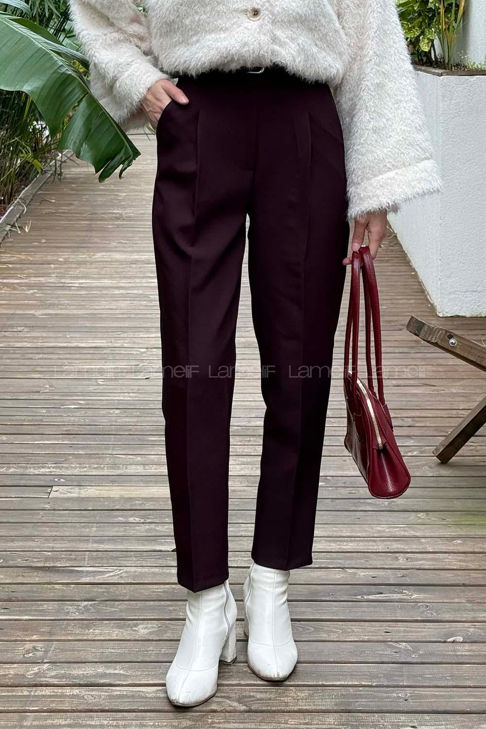Plum Lycra Polyester Normal Waist Carrot Pant Pants