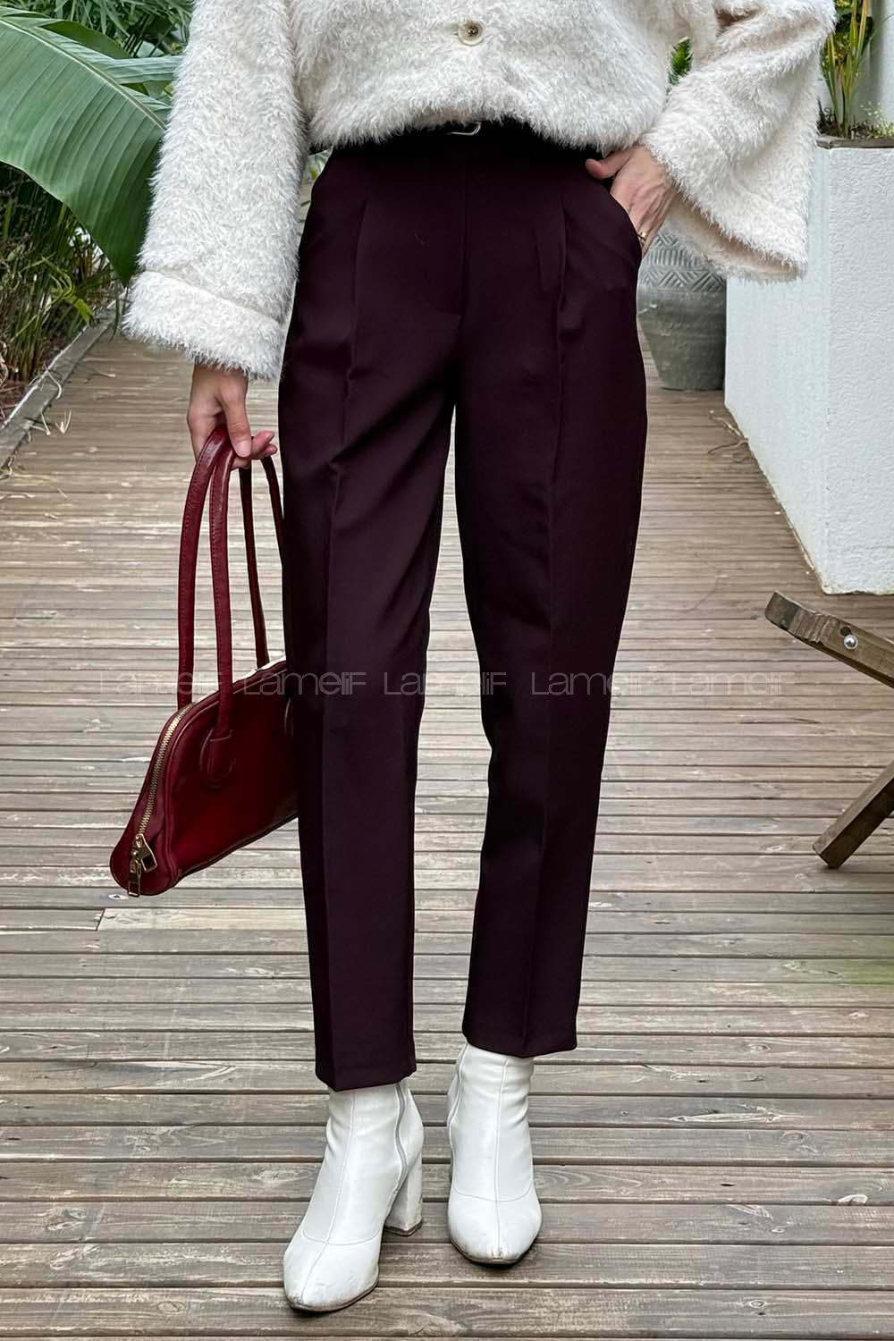 Plum Lycra Polyester Normal Waist Carrot Pant Pants