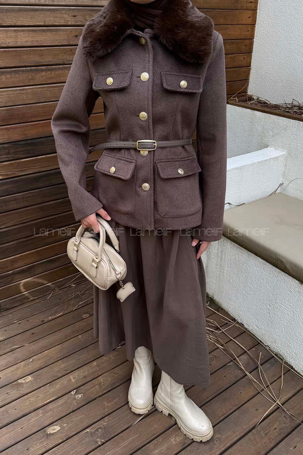 Lamelif Kemerli Kürk Yaka Kaban Kahverengi