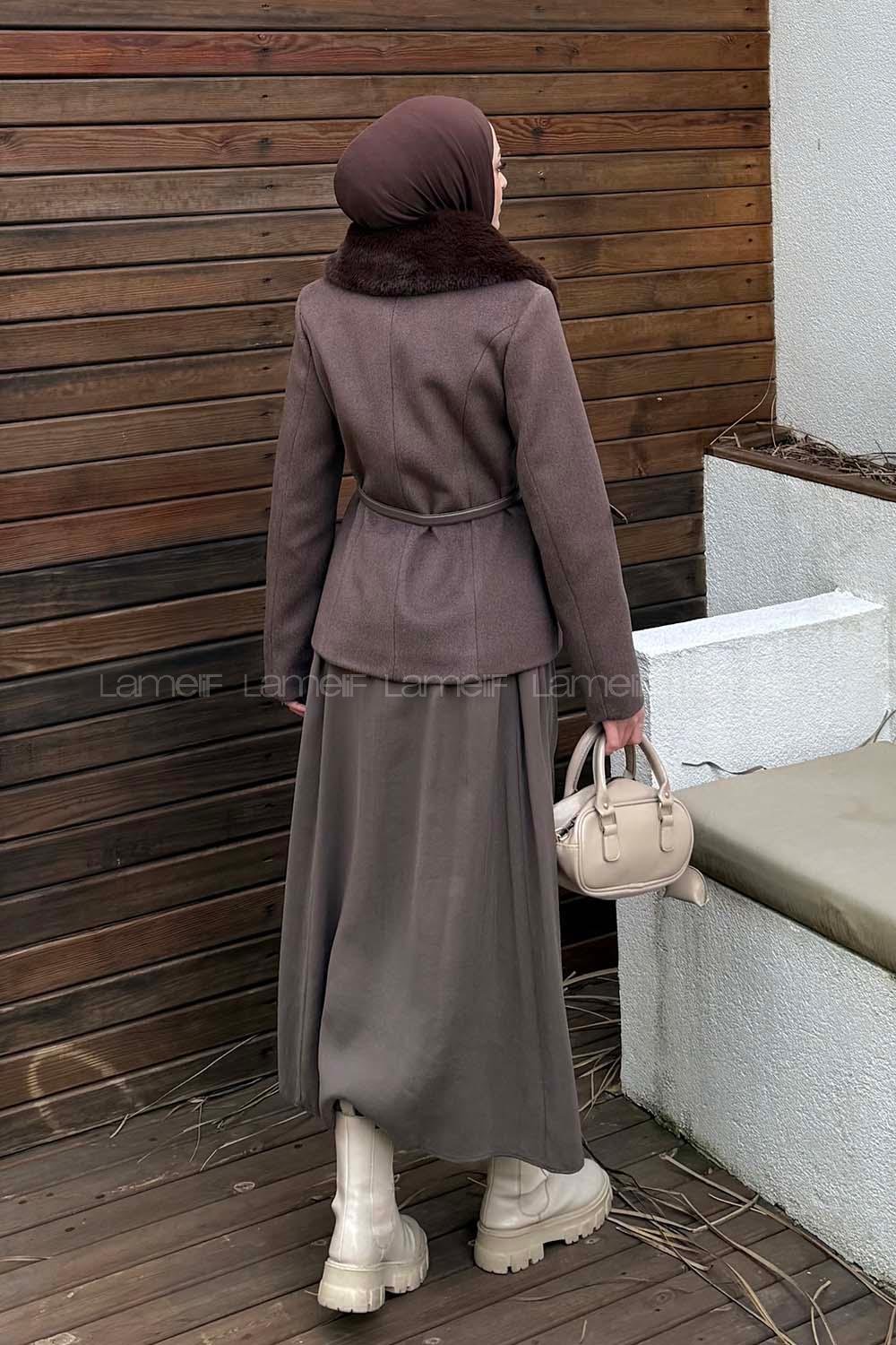 Lamelif Kemerli Kürk Yaka Kaban Kahverengi