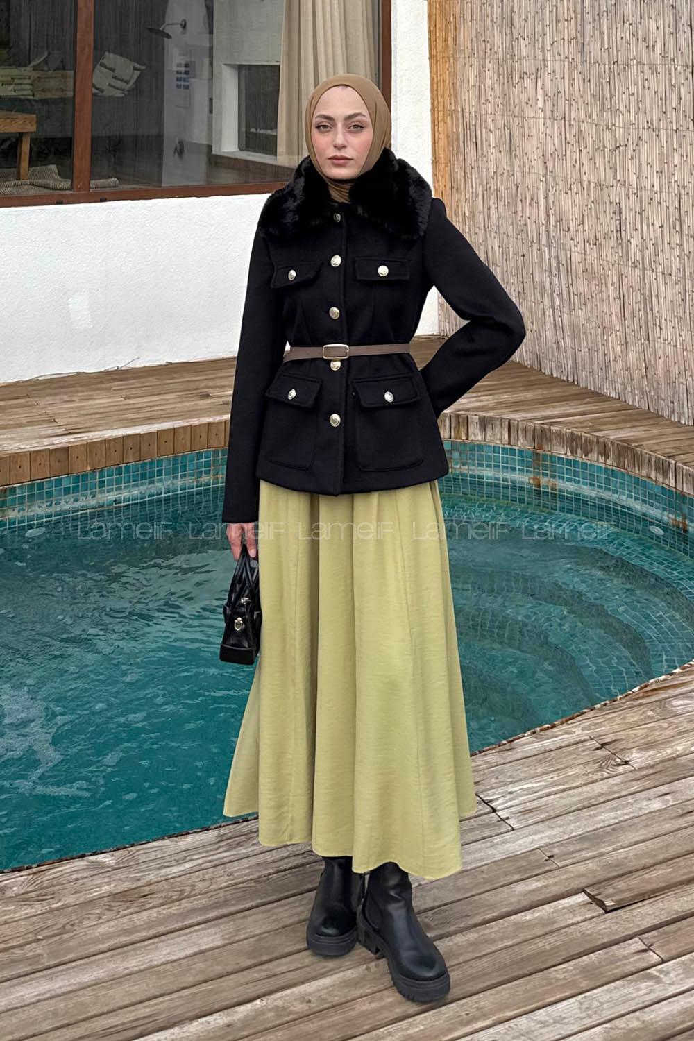 Lamelif Kemerli Kürk Yaka Kaban Siyah