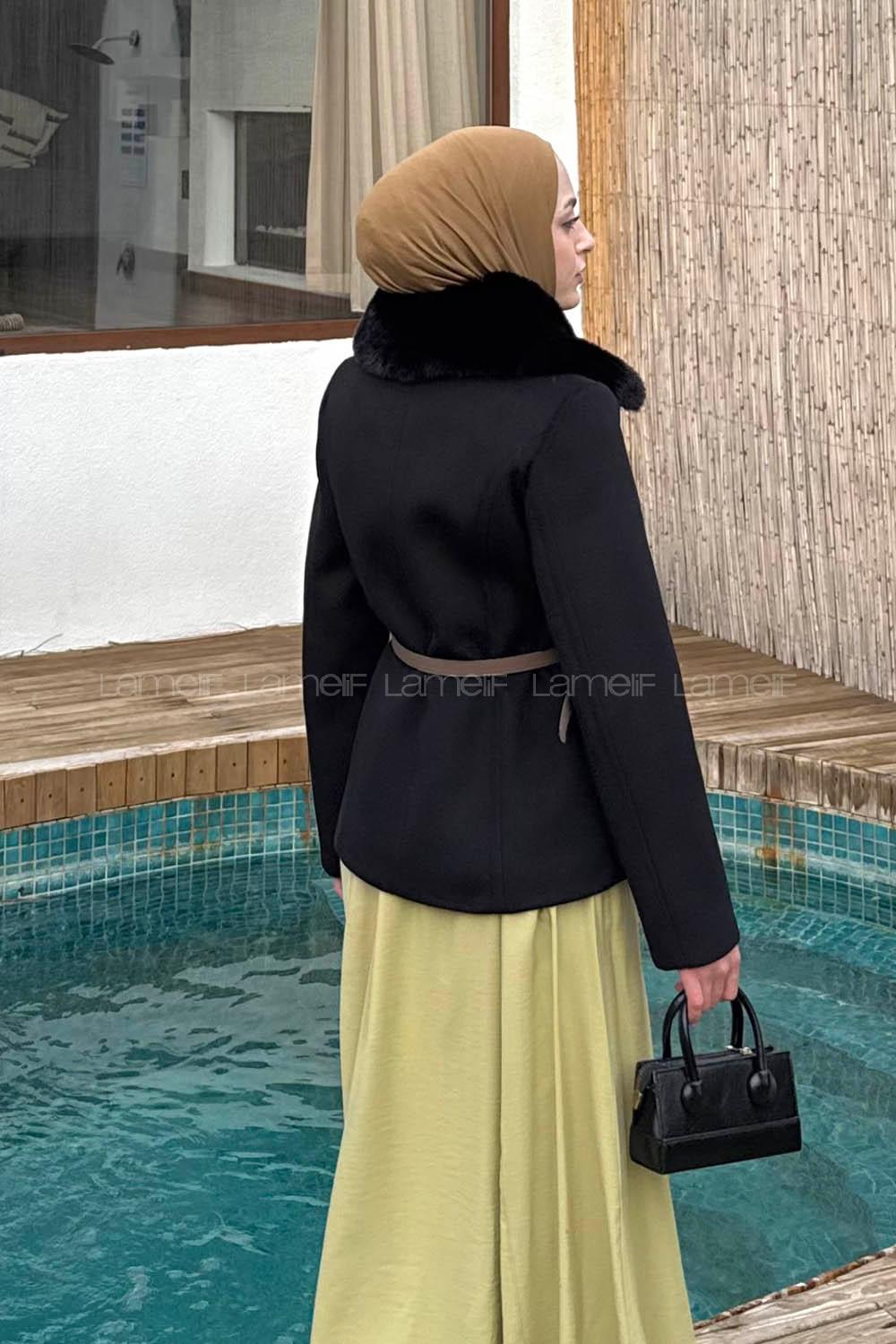 Lamelif Kemerli Kürk Yaka Kaban Siyah