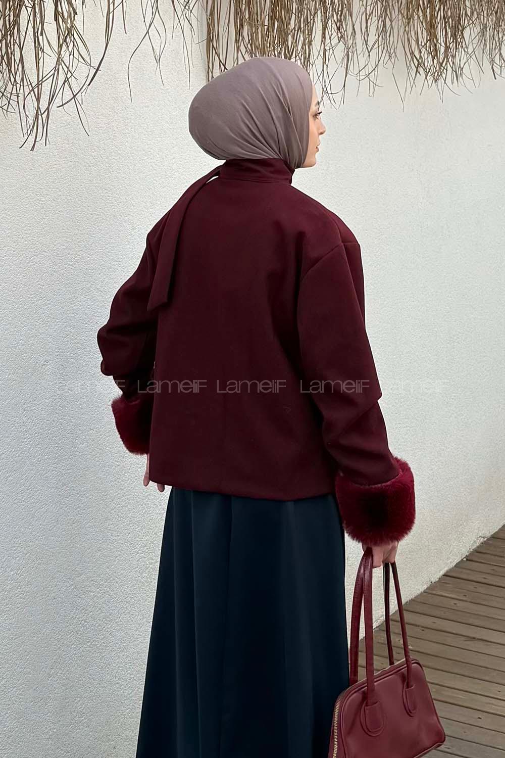 Lamelif Kol Kürk Detaylı Kaban Bordo
