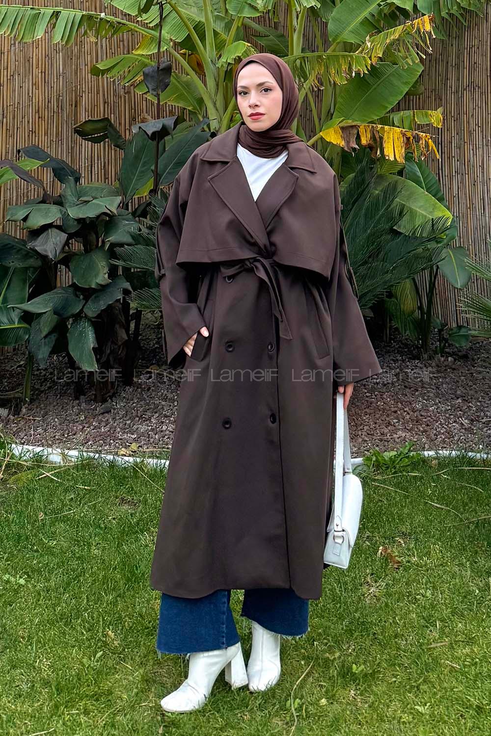 Lamelif Kuşaklı Poliviskon Trenç Kahverengi