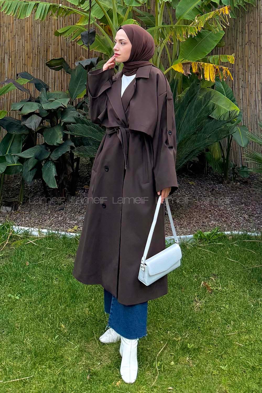 Lamelif Kuşaklı Poliviskon Trenç Kahverengi