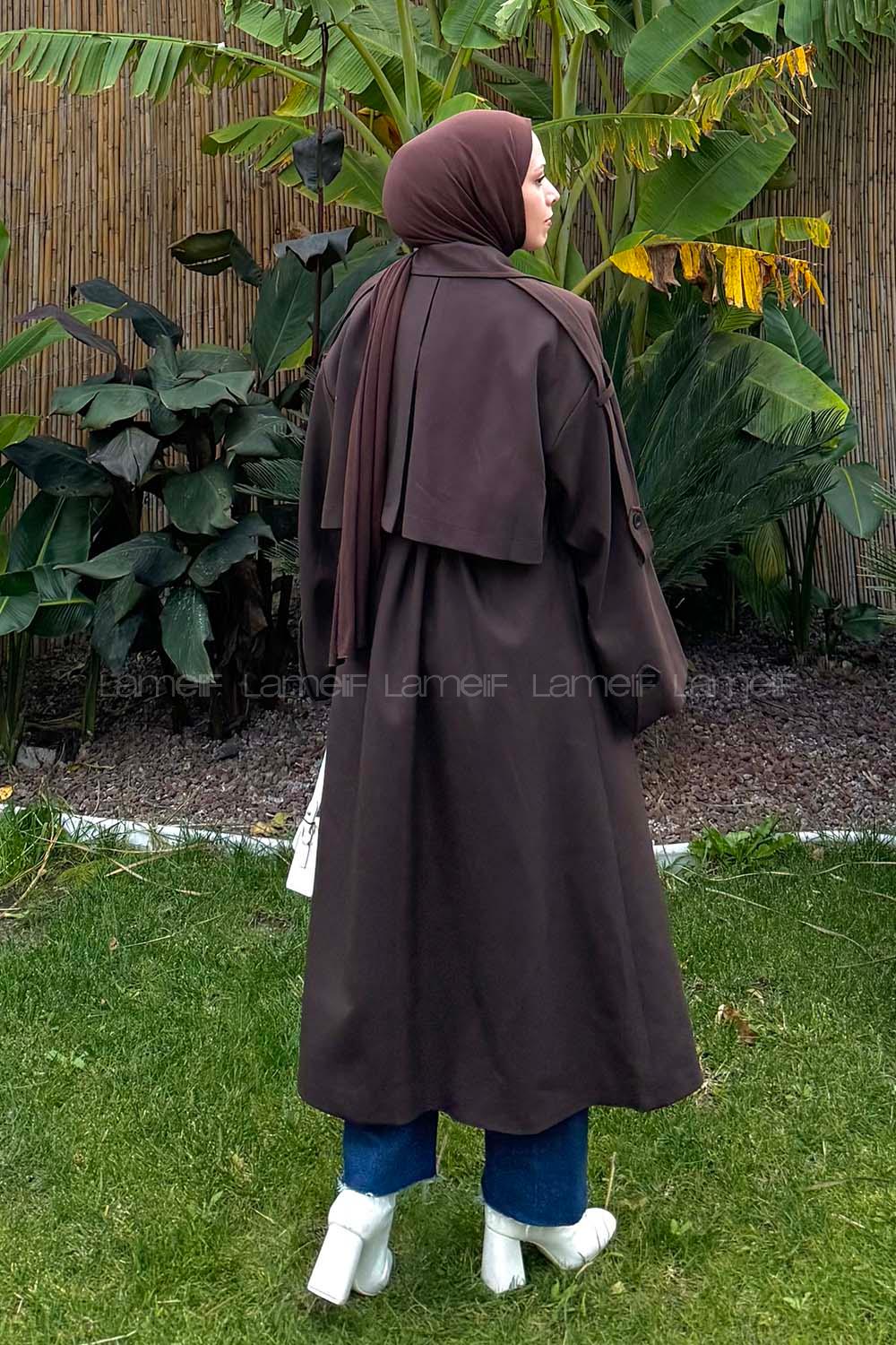 Lamelif Kuşaklı Poliviskon Trenç Kahverengi