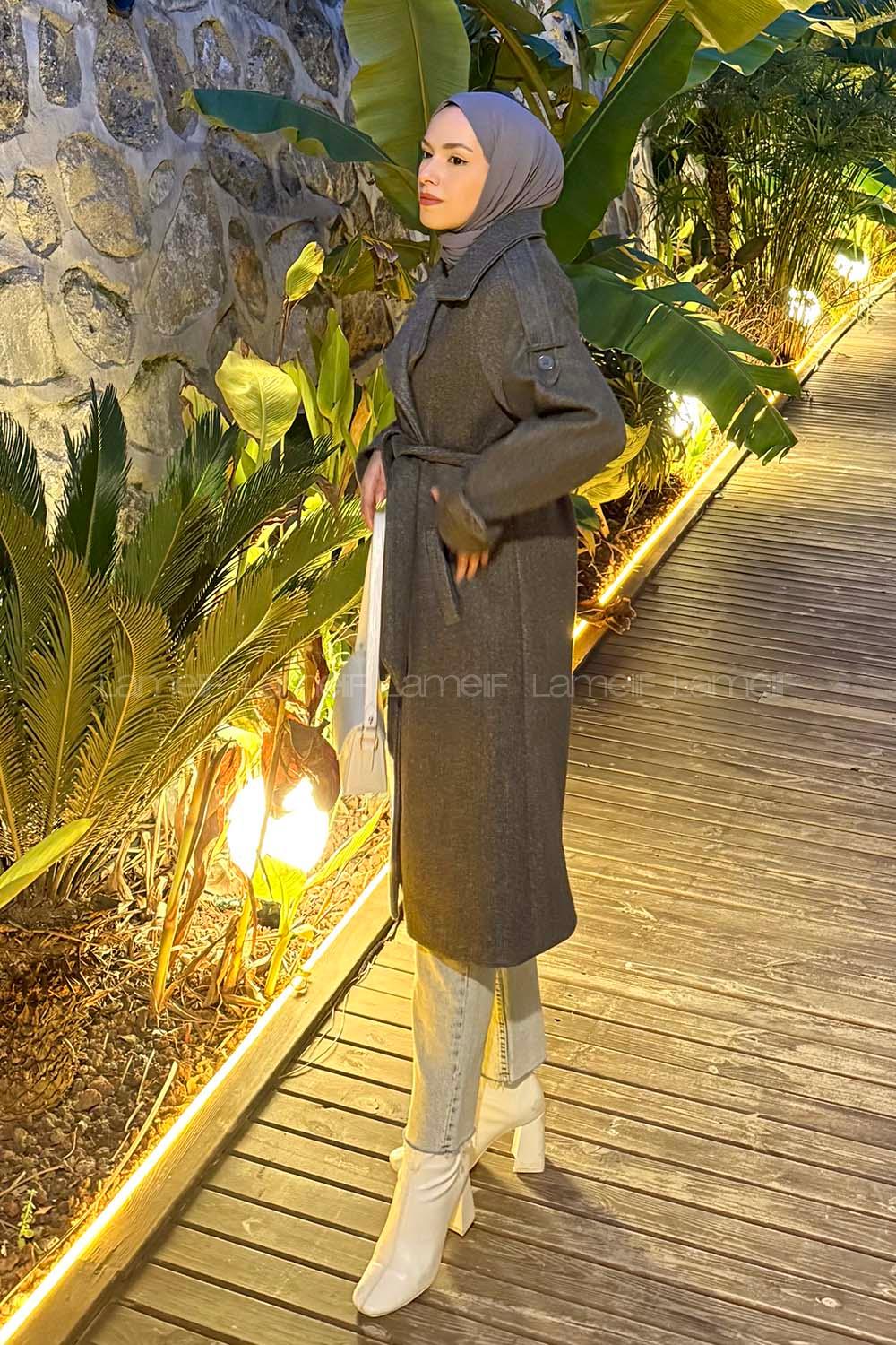 Anthracite V Neck Long Arm Stamp Fabric Coat